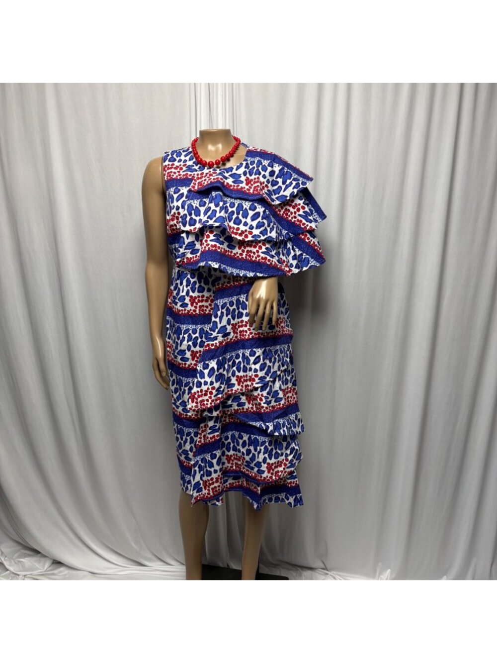 Ashro Dress Womens Sz 6 Red White Blue Asymmetrical Ruffle Layered Statement NEW